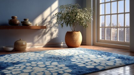 Fototapete - clean space with window light hitting detailed rug pattern