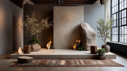 Fototapete - clean-cut podium on handmade tribal rug in minimal photo setup 