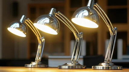 Poster - Three desk lamps placed on top of a wooden table, suitable for office or home use