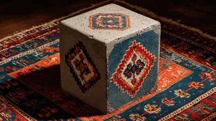 Fototapete - concrete block podium on multi-colored traditional rug