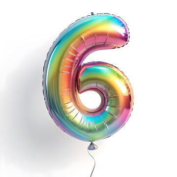 A balloon shaped like the number 6,holographic metallic finish with realistic reflections and smooth texture.