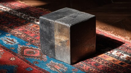 Fototapete - cube-shaped minimalist podium on traditional Afghan rug, cultural contrast 