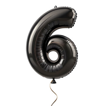 A balloon shaped like the number 6,matte black metallic finish with realistic reflections and smooth texture.