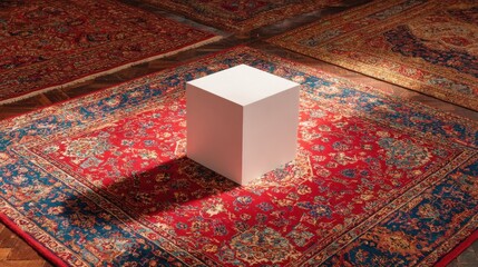Fototapete - cube-shaped minimalist podium on traditional Afghan rug, cultural contrast 