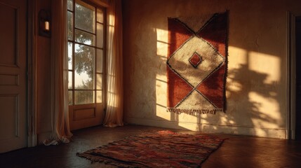 Fototapete - empty background wall, handwoven rug bathed in golden window light 