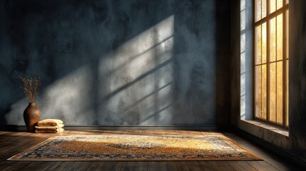 Fototapete - empty background wall, handwoven rug bathed in golden window light 