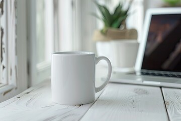 Poster - Detailed Image of White Mug and Laptop on White Wooden Table