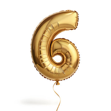 A balloon shaped like the number 6,gold metallic finish with realistic reflections and smooth texture.