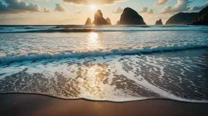 Wall Mural - sunset scene on a calm ocean beach with warm colors and long shadows
