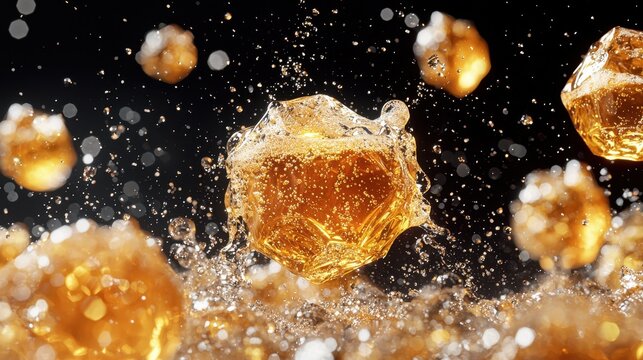 Golden Spheres Exploding on Black Background Abstract Dynamic Energy