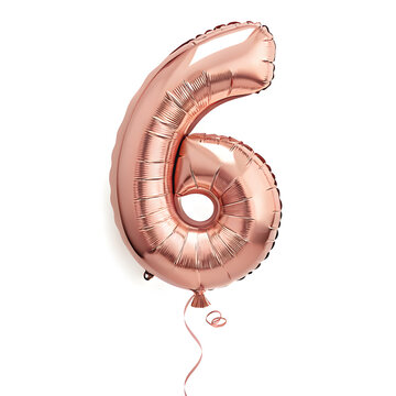 A balloon shaped like the number 6,rose gold metallic finish with realistic reflections and smooth texture.