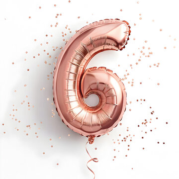 A balloon shaped like the number 6,rose gold metallic finish with realistic reflections and smooth texture.