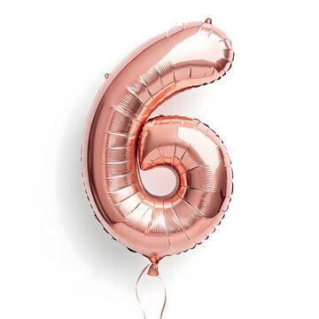 A balloon shaped like the number 6,rose gold metallic finish with realistic reflections and smooth texture.