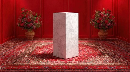 Poster - marble minimalist podium on a red patterned rug, high contrast composition 