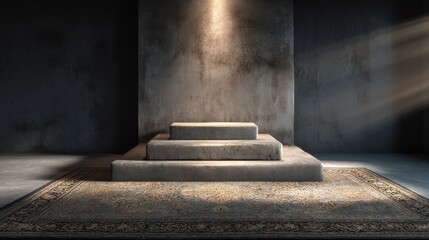 Poster - minimal display podium on aged traditional carpet, studio lighting