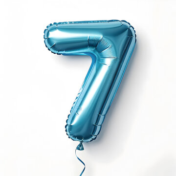 A balloon shaped like the number 7, chrome blue metallic finish with realistic reflections and smooth texture.