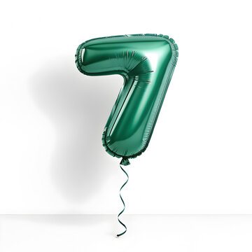 A balloon shaped like the number 7,emerald green metallic finish with realistic reflections and smooth texture.