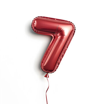 A balloon shaped like the number 7,glossy red metallic finish with realistic reflections and smooth texture.