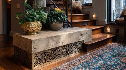 Poster - modern stone-like podium on embroidered Middle Eastern rug