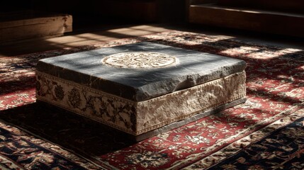 Poster - modern stone-like podium on embroidered Middle Eastern rug