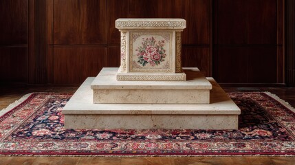 Poster - modern stone-like podium on embroidered Middle Eastern rug