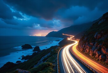 Poster - Experience the beauty of a coastal highway at night with stunning light trails and a breathtaking view