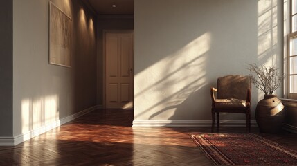 Poster - neutral wall and traditional floor covering lit by rich sunlight 