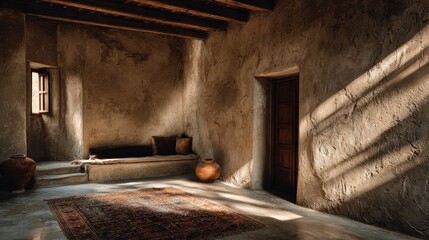 Poster - neutral wall and traditional floor covering lit by rich sunlight 