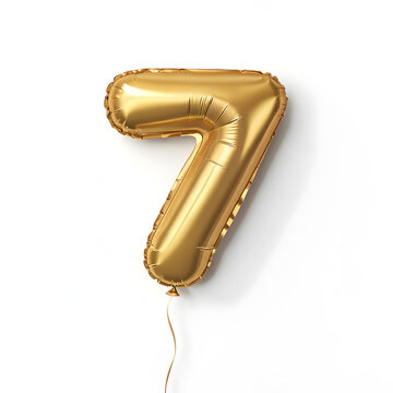 A balloon shaped like the number 7 ,gold metallic finish with realistic reflections and smooth texture.