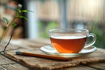 Poster - Vibrant Picture of a Table with a Cup of Tea and a Pencil on it