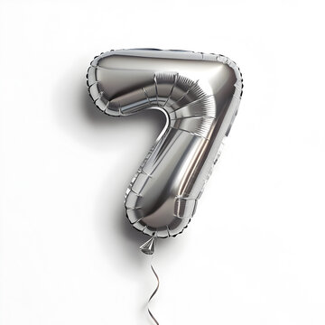 A balloon shaped like the number 7 ,silver metallic finish with realistic reflections and smooth texture.
