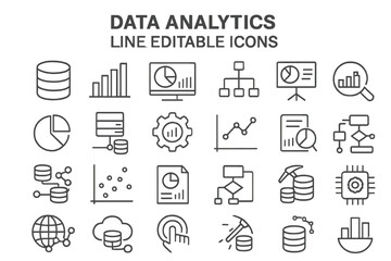 Poster - The Data Analytics Line Editable Icons set includes a variety of icons related to database, statistics, server, network, big data, data processing, data mining, and more, with editable stroke, in