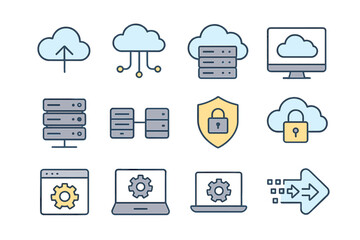 Poster - A collection of line icons pertaining to cloud computing, cloud services, server, cyber security, and digital transformation is available, featuring outline icons with editable strokes in vector