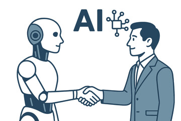 Poster - Ai or  vector concept featuring a robot and human handshake facilitated by ai, representing a future of collaborative innovation and technological advancement