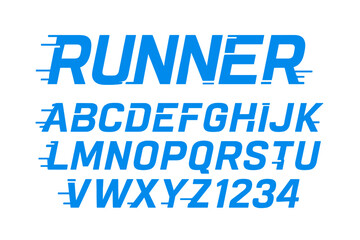 Fototapete - Runner is a font that embodies abstract sporty technology through its alphabet design in digital space typography