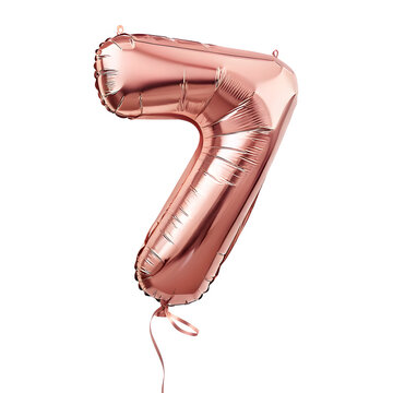 A balloon shaped like the number 7 ,rose gold metallic finish with realistic reflections and smooth texture.