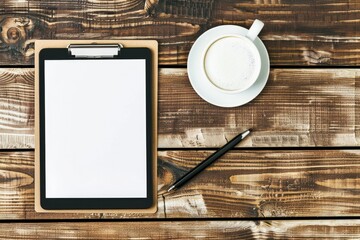 Poster - High Definition View of Top View Digital Tablet, Clipboard, and Coffee Cup on Wooden Table