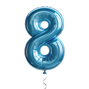 A balloon shaped like the number 8, chrome blue metallic finish with realistic reflections and smooth texture.