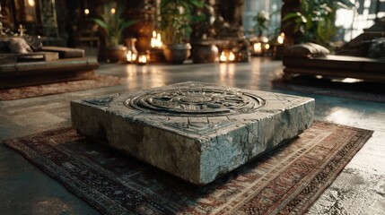 Poster - small futuristic block podium on deep ethnic carpet 