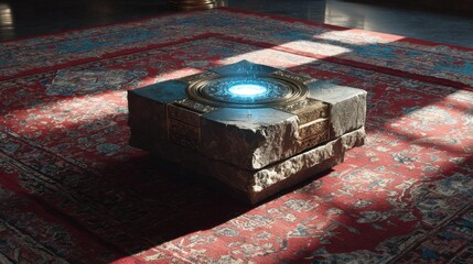 Poster - small futuristic block podium on deep ethnic carpet 