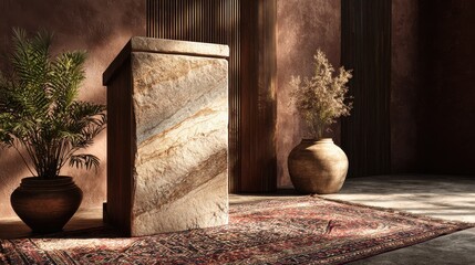 Poster - small textured podium on cultural rug, traditional meets modern 