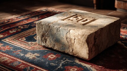 Poster - small textured podium on cultural rug, traditional meets modern 