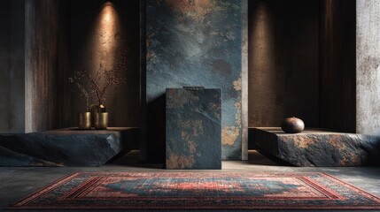 Poster - small textured podium on cultural rug, traditional meets modern 