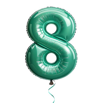 A balloon shaped like the number 8,emerald green metallic finish with realistic reflections and smooth texture.