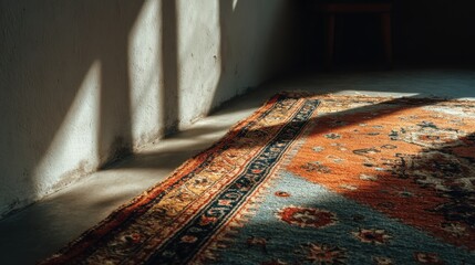 Fototapete - soft shadows on white wall, bright ethnic rug under sunbeam 