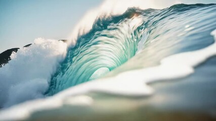 Wall Mural - a powerful wave crashes onto the ocean shore on a sunny day