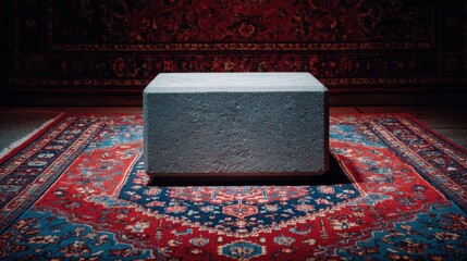 Poster - solid grey podium on vintage carpet, rich red and blue patterns