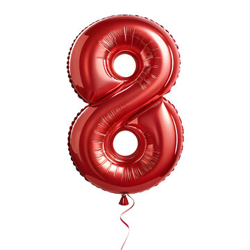 A balloon shaped like the number 8,glossy red metallic finish with realistic reflections and smooth texture.