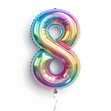A balloon shaped like the number 8,holographic metallic finish with realistic reflections and smooth texture.
