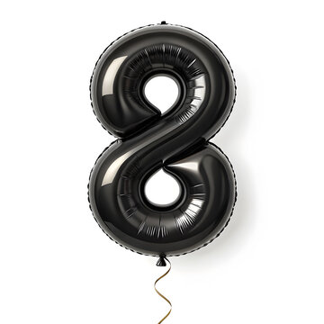 A balloon shaped like the number 8,matte black metallic finish with realistic reflections and smooth texture.